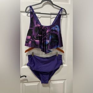 Dressfo Women XXL 2-Piece Swimsuit Purple Graphic Print Adjustable Straps NWT